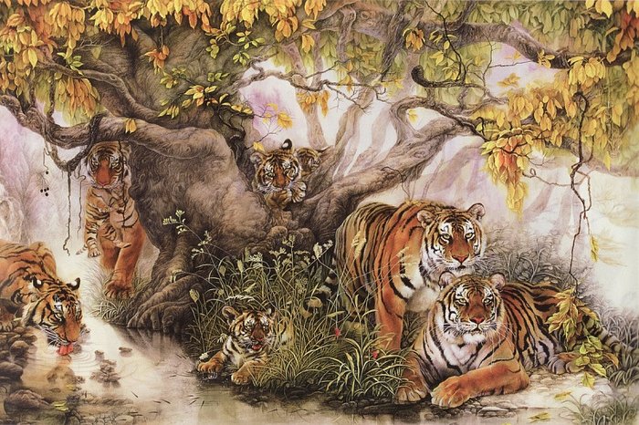 Дизайнерская картина на холсте "Семья отдыхающих тигров"
