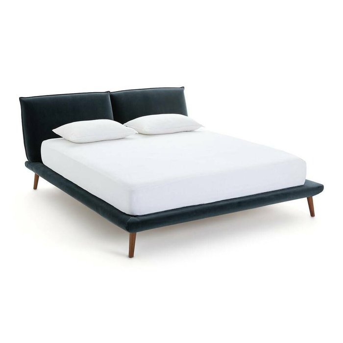 Кровать из велюра Aurore 160х200 синего цвета