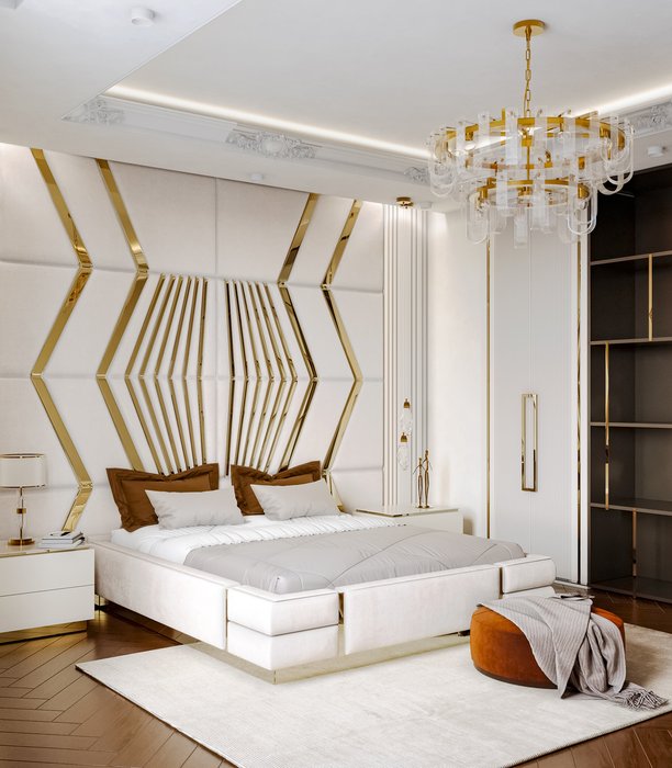 Кровать Fuimine 160х200 светло-бежевого цвета с золотыми молдингами и подъемным механизмом - купить Кровати для спальни по цене 219900.0