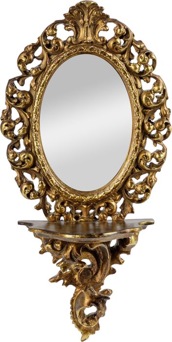 Зеркало настенное с полочкой золотого цвета