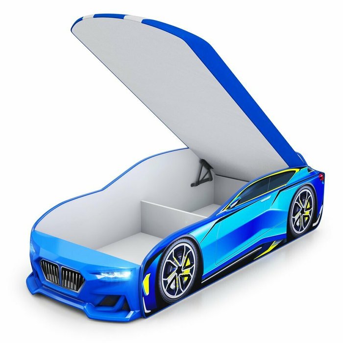 Кровать-машина Boxter-New 70х170 голубого цвета с подсветкой фар  - купить Одноярусные кроватки по цене 18430.0