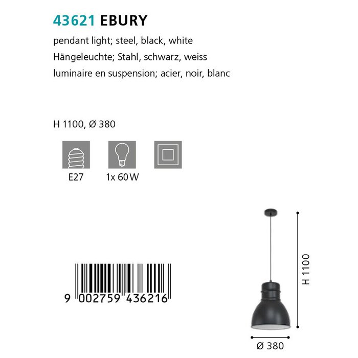 Подвесной светильник Ebury черного цвета - купить Подвесные светильники по цене 16490.0