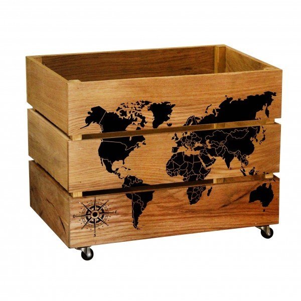 Ящик для хранения Карта мира из массива дуба на колесиках
