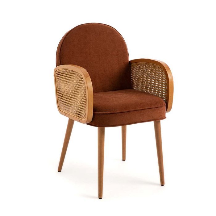 Кресло столовое из велюра и плетеного ротанга Buisseau терракотового цвета