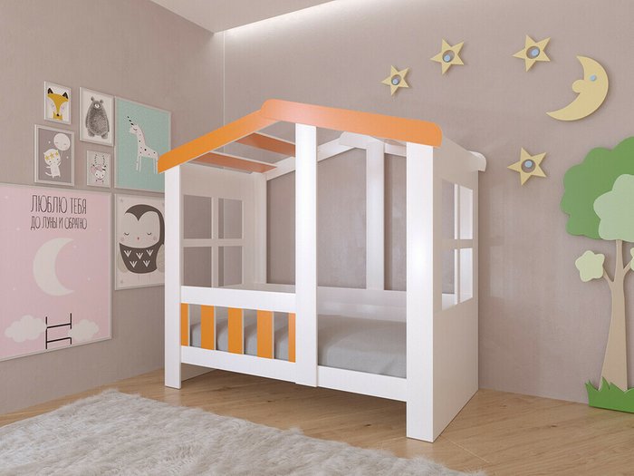 Кроватка Астра Домик 80х160 бело-оранжевого цвета  - купить Одноярусные кроватки по цене 16630.0