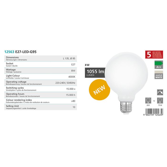 Светодиодная лампа 220V G95 E27 8W (соответствует 75W) 1055Lm 4000К (нейтральный белый)  - купить Лампочки по цене 490.0