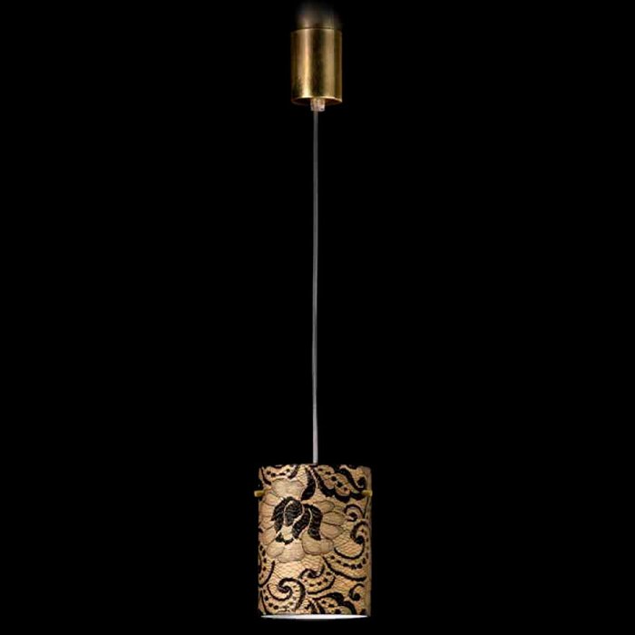 Подвесной светильник Lamp di Volpato Patrizia Pizzo из металла золотого цвета и обтянут кружевной тканью черного цвета