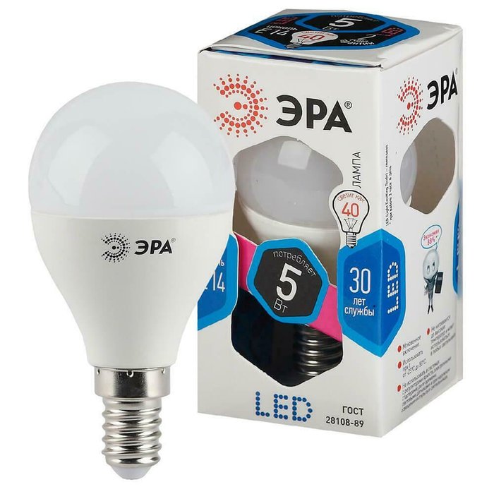 Лампа светодиодная ЭРА E14 5W 4000K шар матовый LED P45-5W-840-E14 - купить Лампочки по цене 72.0