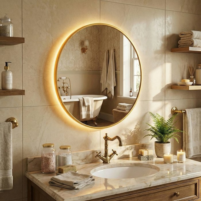 Настенное зеркало Ala L D70 в раме золотого цвета с подсветкой - купить Настенные зеркала по цене 24300