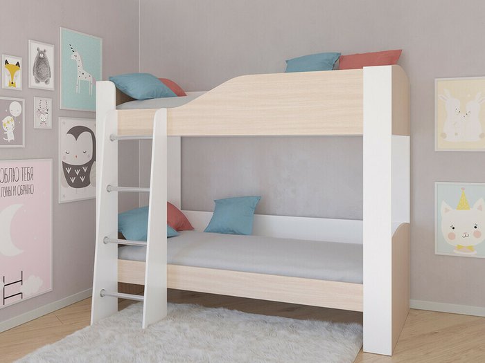 Двухъярусная кровать Астра 2 80х190 цвета Дуб молочный-белый - купить Двухъярусные кроватки по цене 16900.0