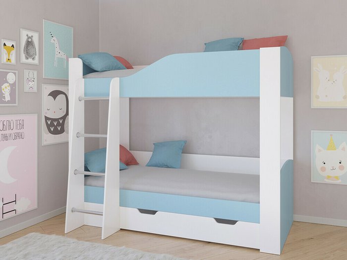 Двухъярусная кровать Астра 2 80х190 бело-голубого цвета  - купить Двухъярусные кроватки по цене 20200.0