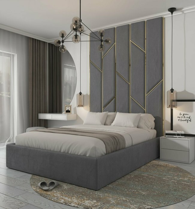 Кровать Renny 160х200 серого цвета с золотыми молдингами и подъемным механизмом - лучшие Кровати для спальни в INMYROOM