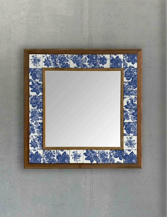 Настенное зеркало 43x43 с каменной мозаикой бело-синего цвета - купить Настенные зеркала по цене 16871.0