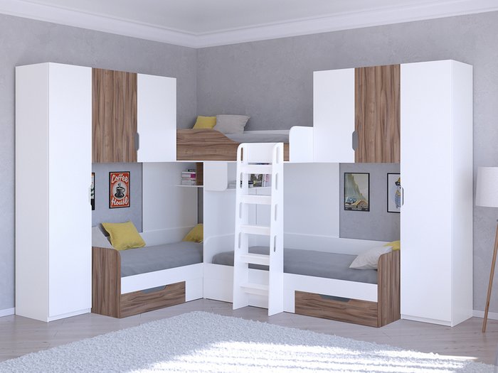 Двухъярусная кровать Трио 3 80х190 цвета Орех-белый - купить Двухъярусные кроватки по цене 58400.0
