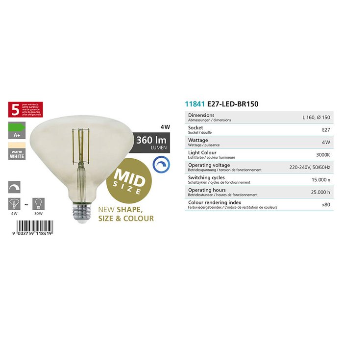 Диммируемая светодиодная лампа филаментная 220V BR150 E27 4W (соответствует 30W) 360Lm 3000К (теплый белый) - купить Лампочки по цене 539.0 Диммируемая светодиодная лампа филаментная 220V BR150 E27 4W (соответствует 30W) 360Lm 3000К (теплый белый) - купить Лампочки по цене 539.0