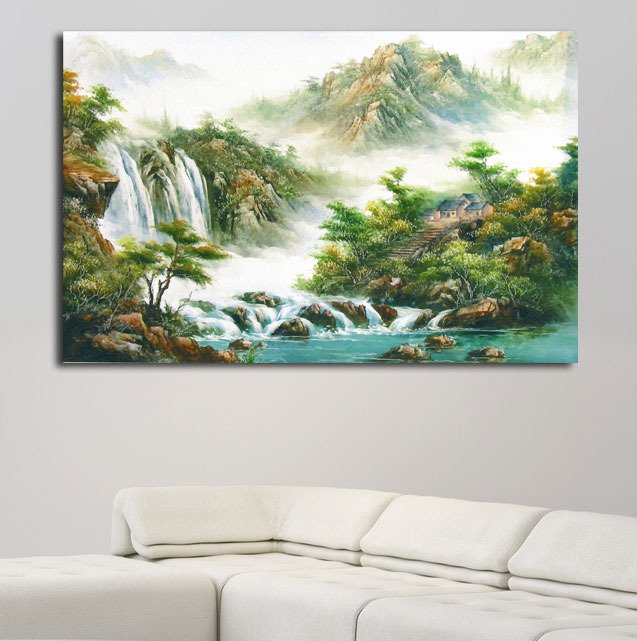 Декоративная картина на холсте "Дом у водопада" - купить Принты по цене 3090.0
