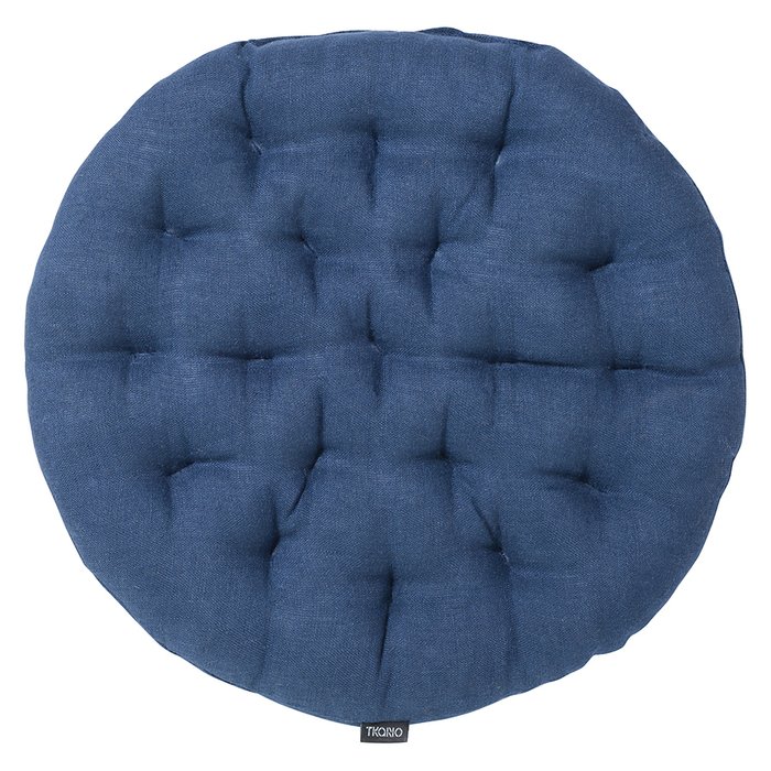 Подушка на стул круглая из стираного льна Essential 40х40x4 синего цвета