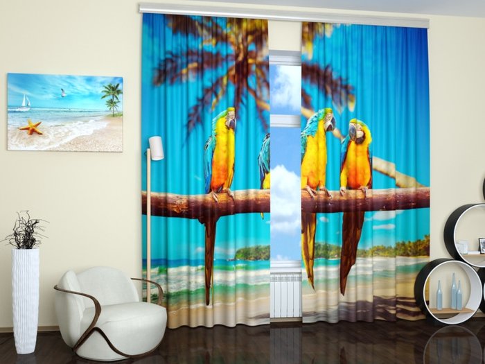 Дизайнерские фотошторы: Тропические попугаи - купить Шторы по цене 3990.0