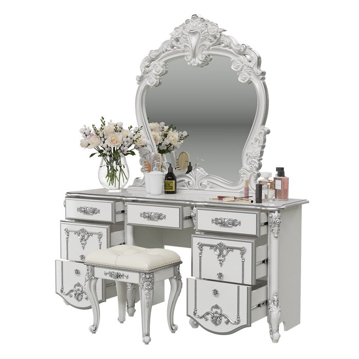 Стол туалетный с зеркалом и пуфом Дольче Вита белого цвета с серебром - лучшие Туалетные столики в INMYROOM