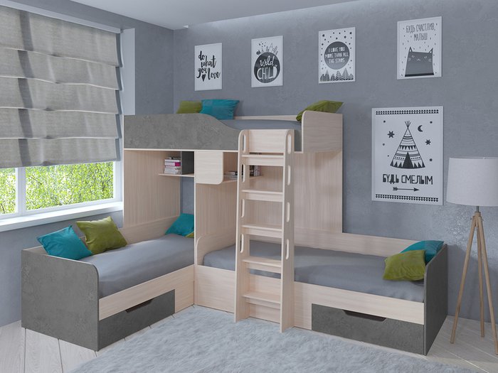 Двухъярусная кровать Трио 80х190 цвета Дуб молочный-Железный камень - купить Двухъярусные кроватки по цене 32400.0