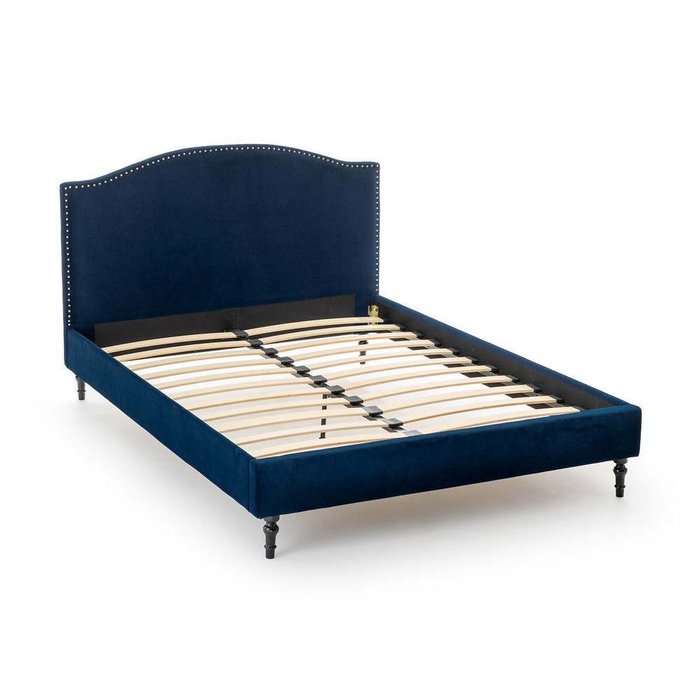 Кровать из велюра с отделкой заклепками с кроватным основанием Andante 160х200 синего цвета - лучшие Кровати для спальни в INMYROOM