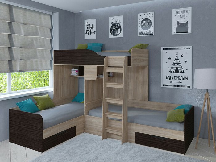Двухъярусная кровать Трио 80х190 цвета Дуб Сонома-Венге - купить Двухъярусные кроватки по цене 32400.0