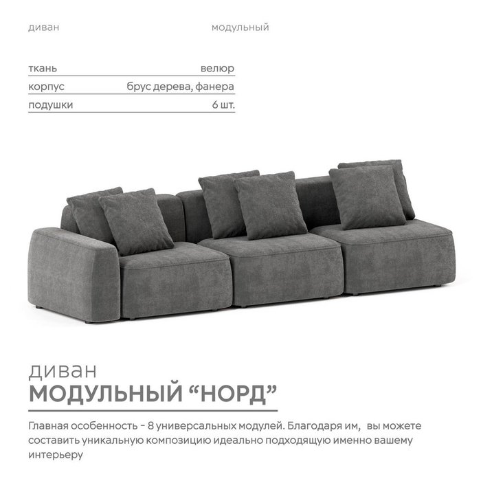 Диван модульный Норд темно-серого цвета - купить Прямые диваны по цене 148700.0