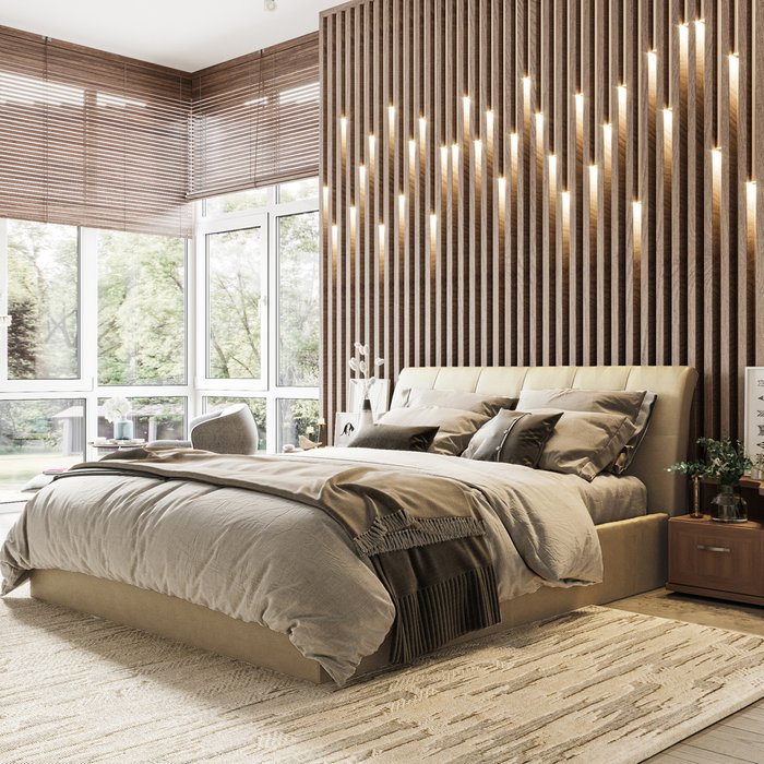 Кровать Инуа 160х200 бежевого цвета с подъемным механизмом  - купить Кровати для спальни по цене 80610.0