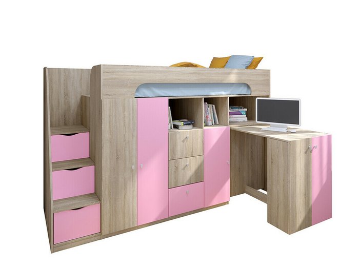 Кровать-чердак Астра 11 80х190 цвета Дуб Сонома-розовый