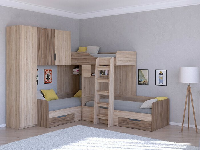Двухъярусная кровать Трио 1 80х190 цвета Дуб Сонома-Орех - купить Двухъярусные кроватки по цене 45400.0