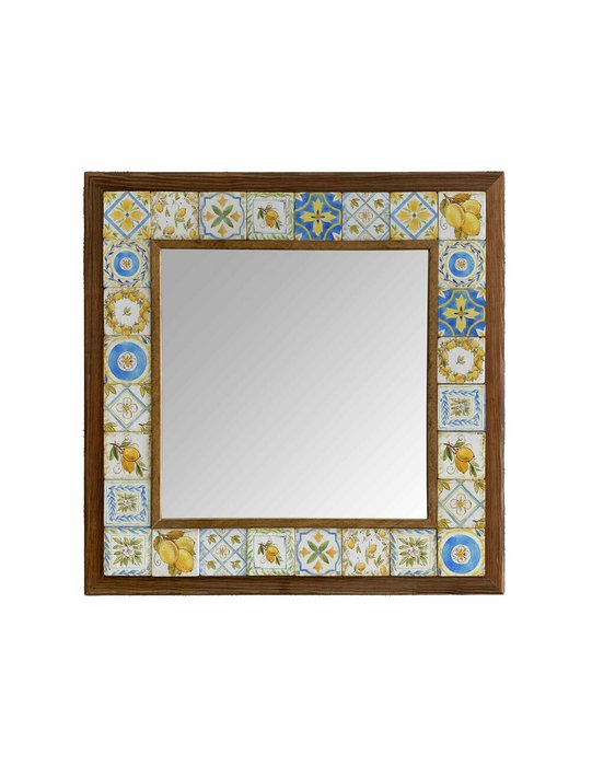 Настенное зеркало с каменной мозаикой 43x43 желто-синего цвета 