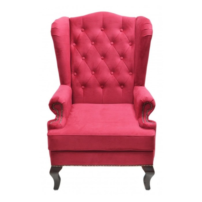 Каминное кресло с ушами в обивке из велюра красного цвета