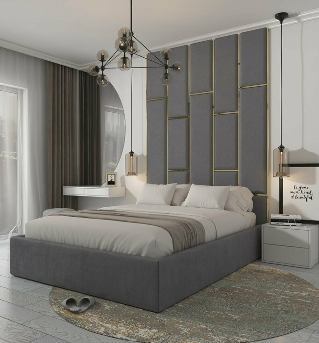 Кровать Leila 160х200 светло-серого цвета с золотыми молдингами и подъемным механизмом  - лучшие Кровати для спальни в INMYROOM