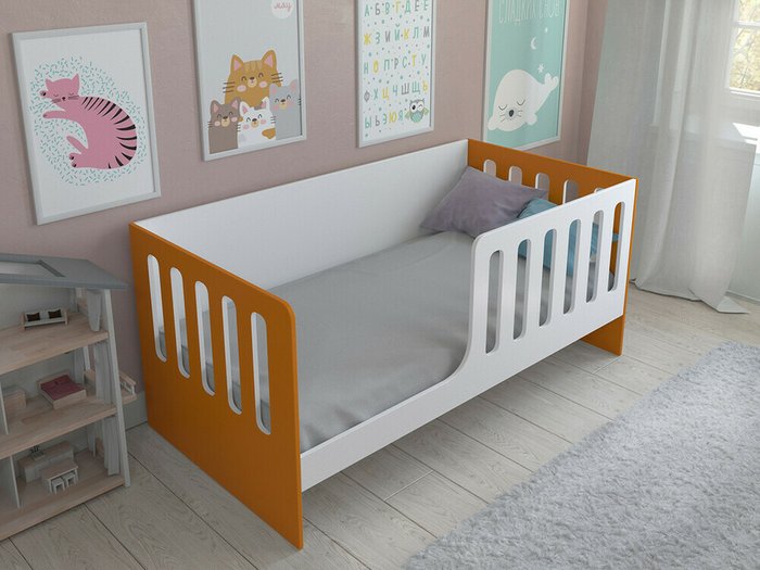 Кроватка Астра 12 80x160 бело-оранжевого цвета  - купить Одноярусные кроватки по цене 9900.0