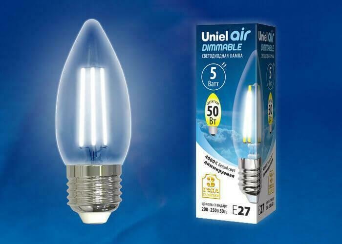 Лампа светодиодная филаментная диммируемая (UL-00003642) Uniel E27 5W 4000K прозрачная LED-C35-5W/NW/E27/CL/DIM GLA01TR - купить Лампочки по цене 198.0 Лампа светодиодная филаментная диммируемая (UL-00003642) Uniel E27 5W 4000K прозрачная LED-C35-5W/NW/E27/CL/DIM GLA01TR - купить Лампочки по цене 198.0