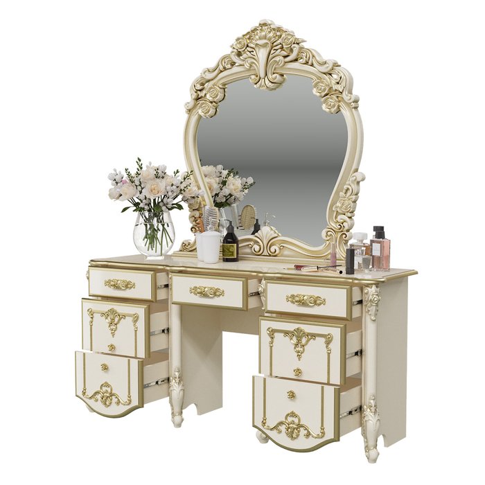 Стол туалетный с зеркалом Дольче Вита цвета слоновой кости с золотом - лучшие Туалетные столики в INMYROOM