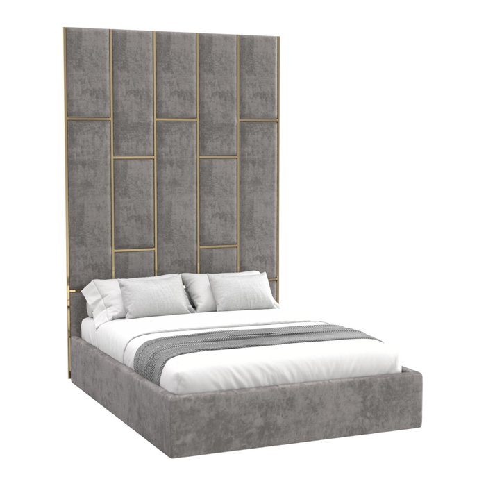 Кровать Leila 160х200 светло-серого цвета с золотыми молдингами и подъемным механизмом  - купить Кровати для спальни по цене 121900.0