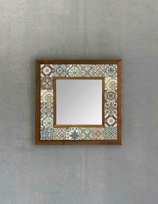 Настенное зеркало с каменной мозаикой 33x33 в раме коричневого цвета - купить Настенные зеркала по цене 9840.0