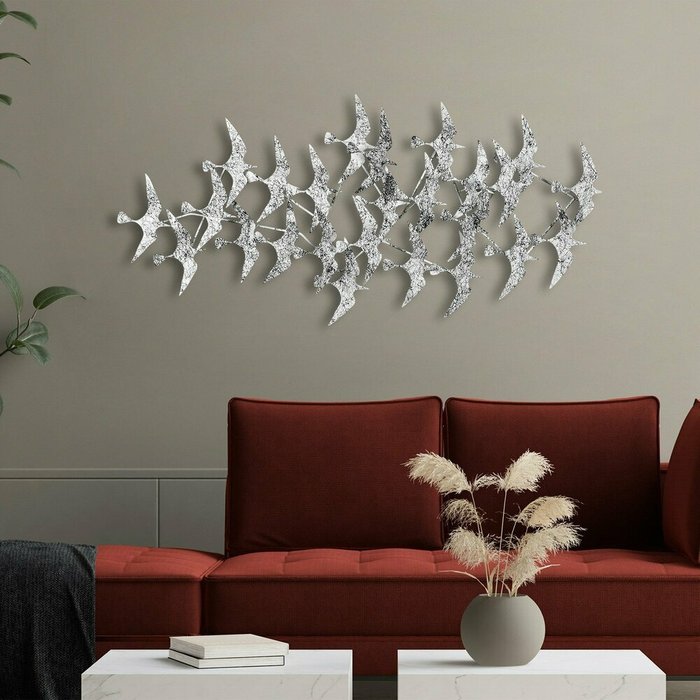 Настенный декор ручной работы Птицы 59х124 из металла бело-черного цвета - лучшие Декор стен в INMYROOM