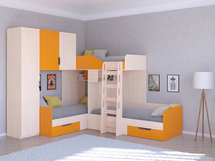 Двухъярусная кровать Трио 1 80х190 цвета Дуб молочный-оранжевый - купить Двухъярусные кроватки по цене 45400.0