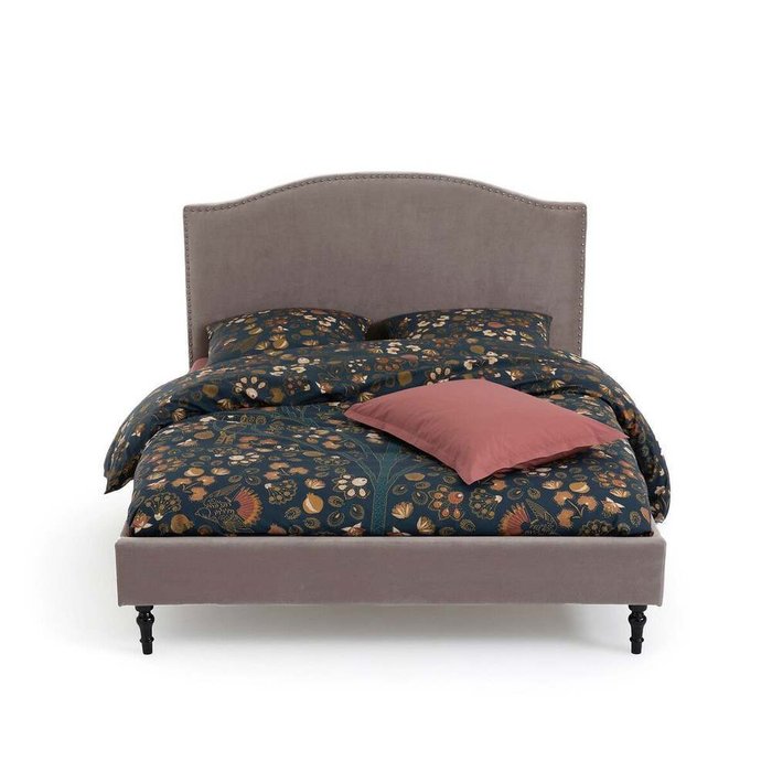 Кровать из велюра с отделкой заклепками с кроватным основанием Andante 140х190 серого цвета - купить Кровати для спальни по цене 31675.0