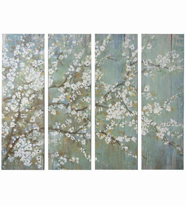 Набор из 4 картин Цветущая вишня бело-голубого цвета