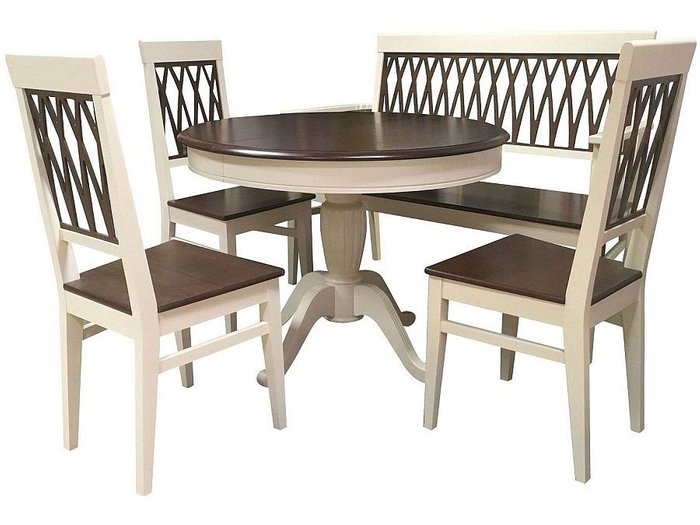 Обеденная группа из стола и трех стульев  и скамьи коричневого цвета - купить Обеденные группы по цене 58299.0