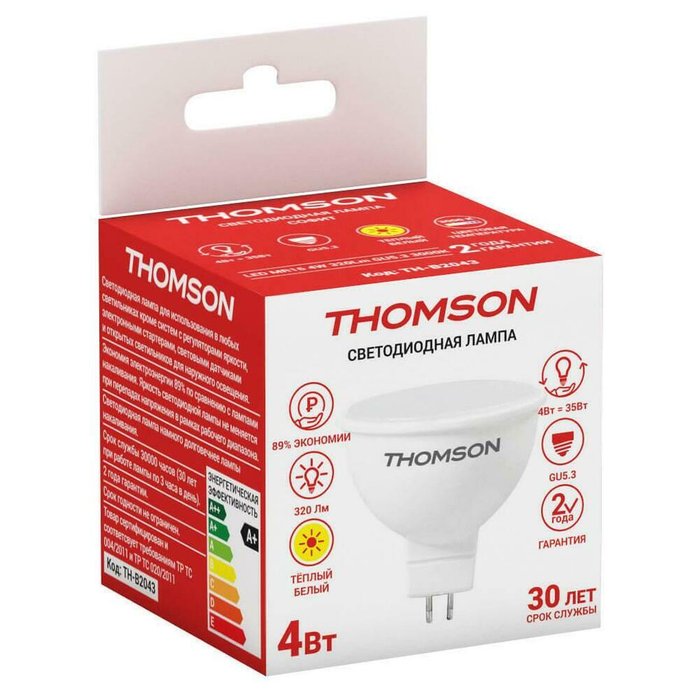 Лампа светодиодная Thomson GU5.3 4W 3000K полусфера матовая TH-B2043 - купить Лампочки по цене 124.0