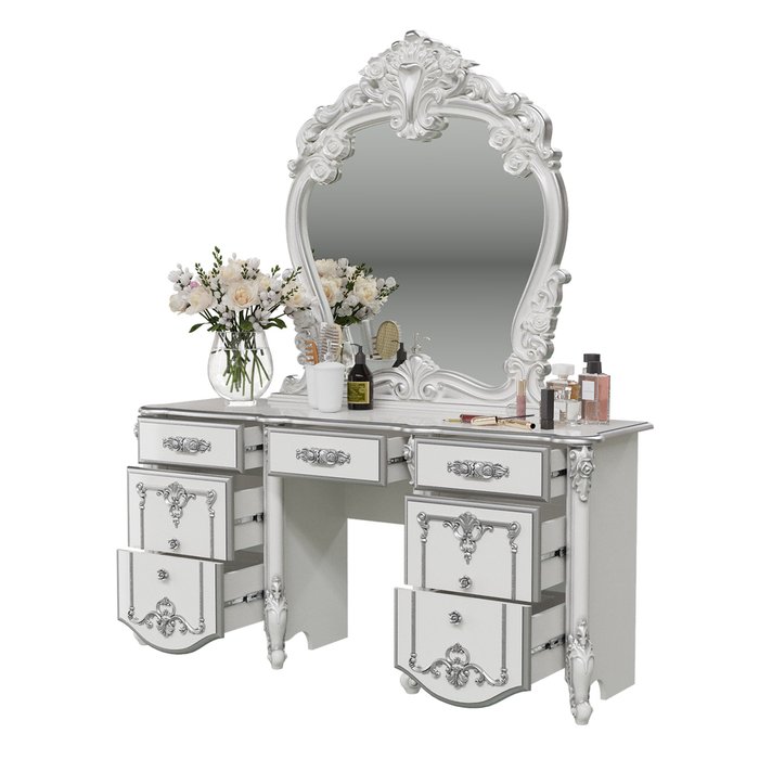 Стол туалетный с зеркалом Дольче Вита белого цвета с серебром - лучшие Туалетные столики в INMYROOM