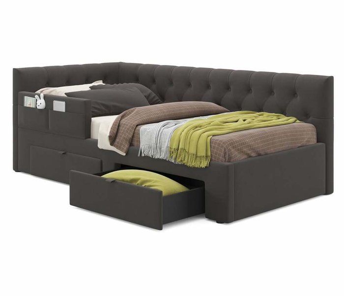 Кровать Afelia 90х200 темно-коричневого цвета с двумя ящиками и бортиком