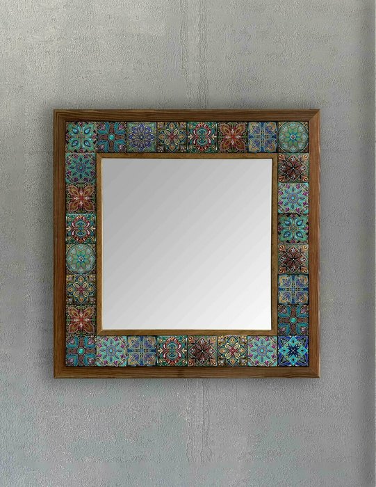Настенное зеркало 43x43 с каменной мозаикой бирюзово-голубого цвета - купить Настенные зеркала по цене 16871.0