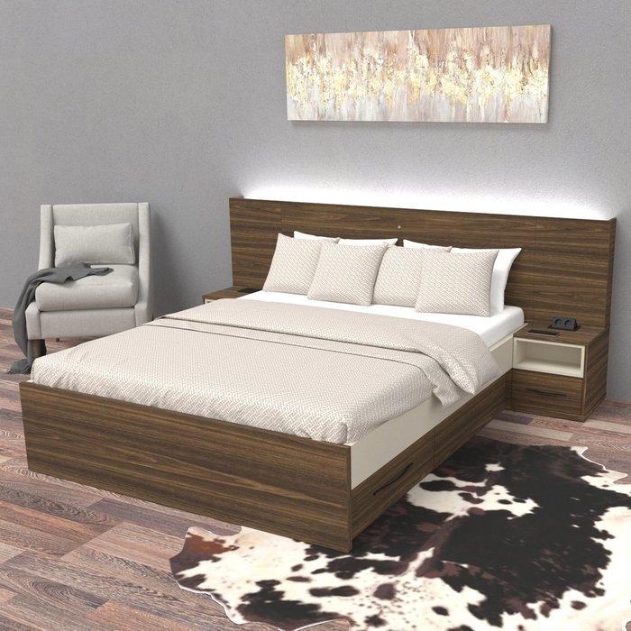 Кровать Уют 140х200 цвета Дуб Бурбон без подъемного механизма с подсветкой - лучшие Кровати для спальни в INMYROOM Кровать Уют 140х200 цвета Дуб Бурбон без подъемного механизма с подсветкой - лучшие Кровати для спальни в INMYROOM