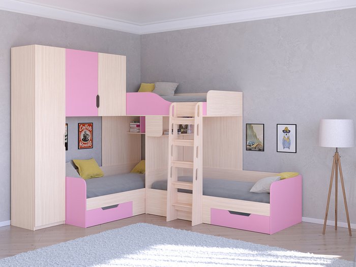 Двухъярусная кровать Трио 1 80х190 цвета Дуб молочный-розовый - купить Двухъярусные кроватки по цене 45400.0