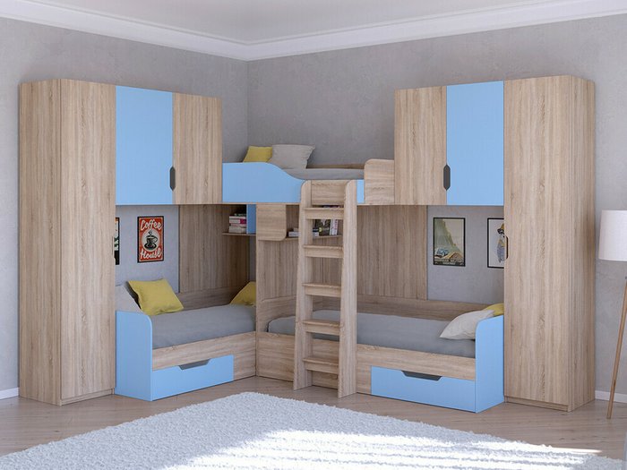 Двухъярусная кровать Трио 3 80х190 цвета Дуб Сонома-голубой - купить Двухъярусные кроватки по цене 58400.0